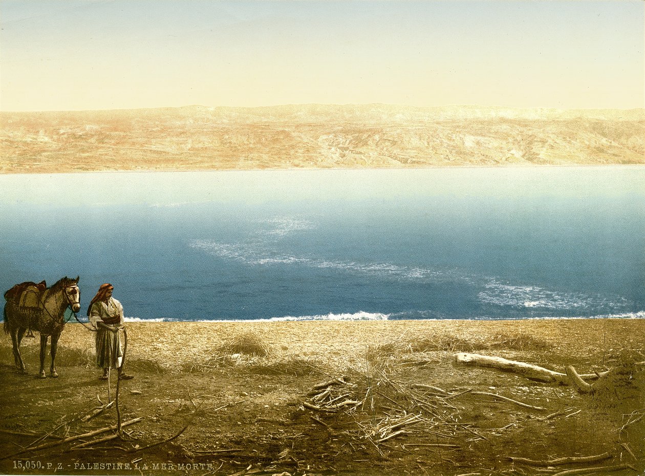 Utsikt över Döda havet österut mot Moab, ca 1880-1900 (fotokrom) av Swiss Photographer