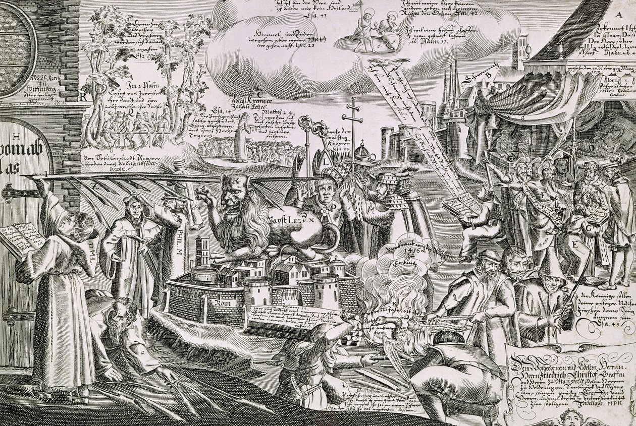 Martin Luther (1483-1546) skriver på kyrkdörren i Wittenberg 1517 av Swiss School