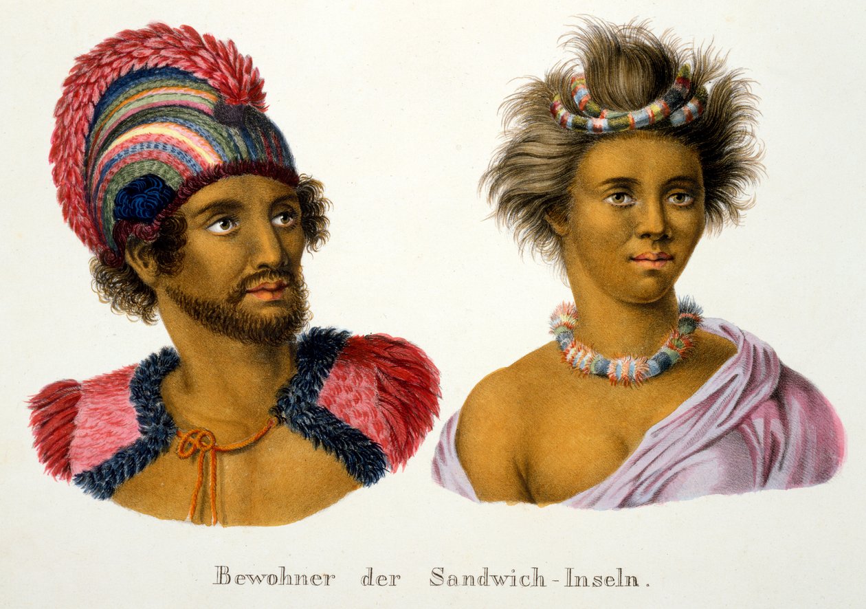 Natives of the Sandwich Isles, Pacific, från etnologisk studie av olika rastyper från olika kontinenter, av C.I. Brodtmann, 1824 av Swiss School