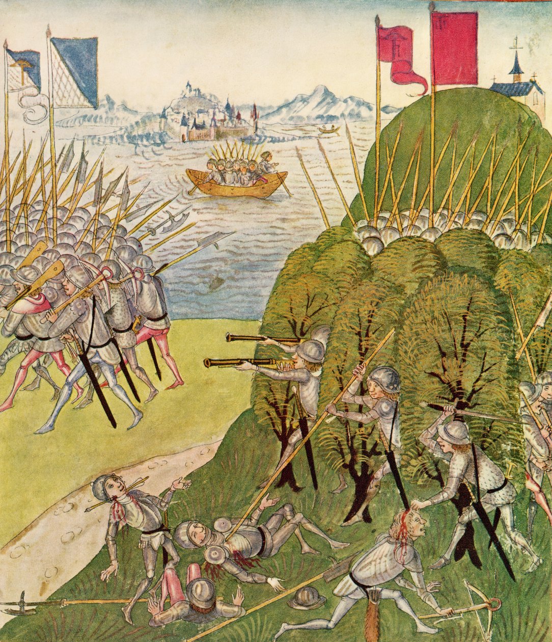 Soldater beväpnade med vapen, lansar och armborst, från Berner Chronik, av Diebold Schilling den äldre (ca 1445-85) 1483 av Swiss School