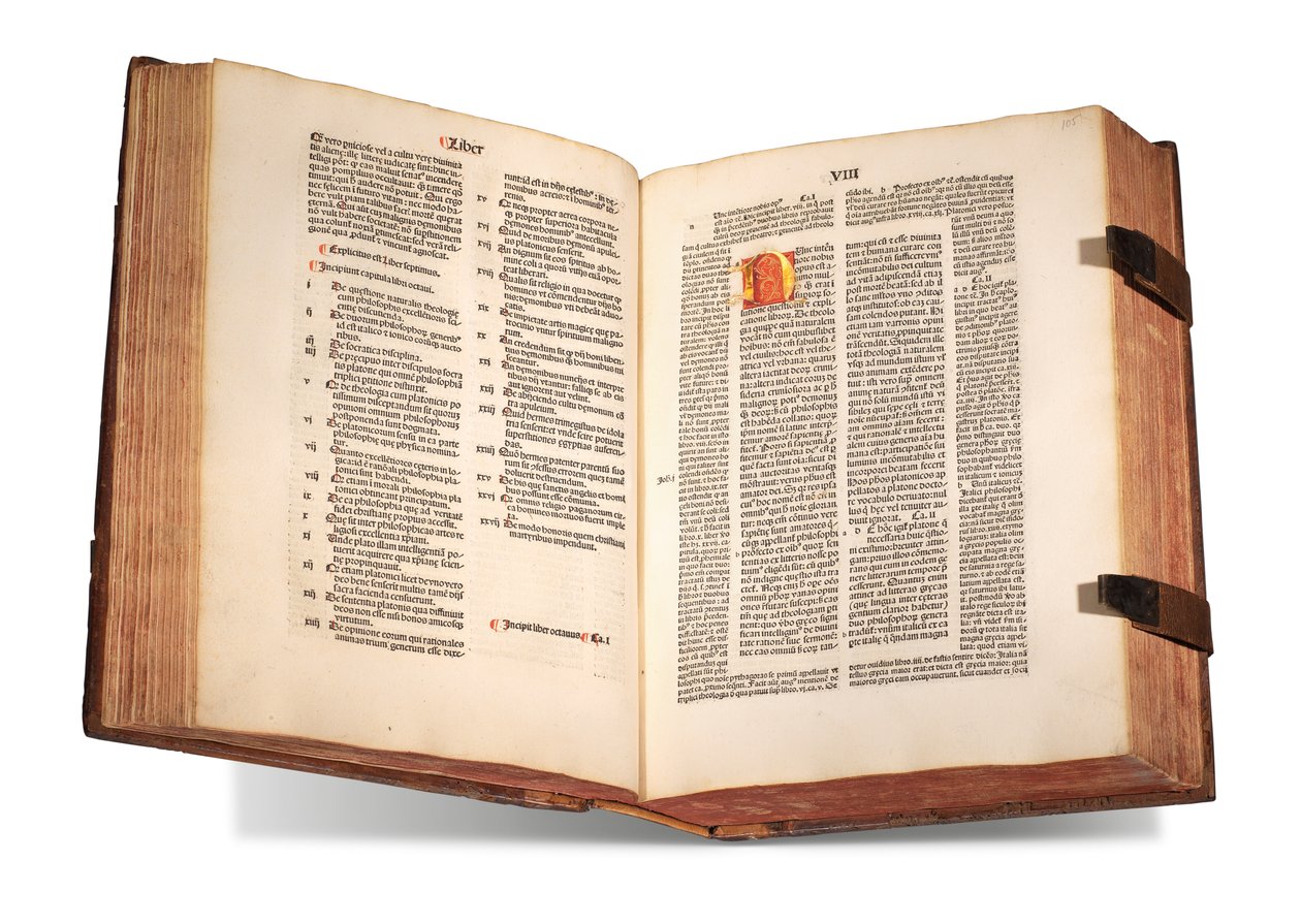 De civitate Dei, med kommentarer av Thomas Waleys (d. före 1349) och Nicolaus Trivet (1258?-1328), av Augustinus av Hippo, tryckt 1489 (vellum) av Swiss School
