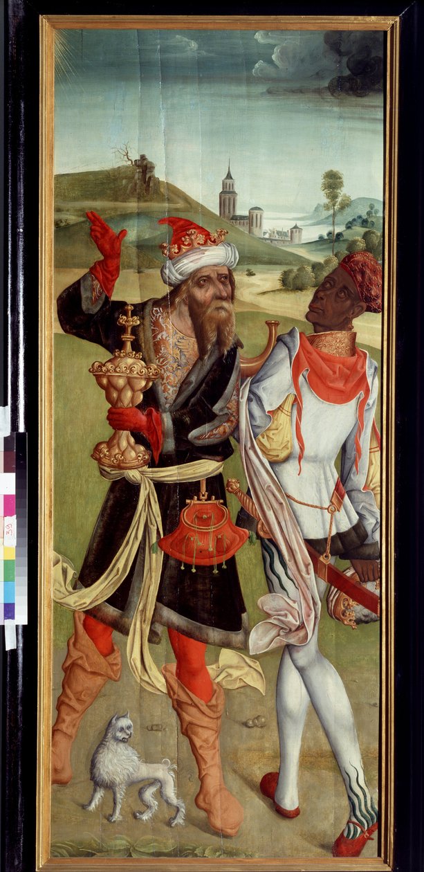 Tillbedjan av Magi, två Magi. Målning av en schweizisk mästare (tidigt 1500-tal). Olja på trä av Swiss School