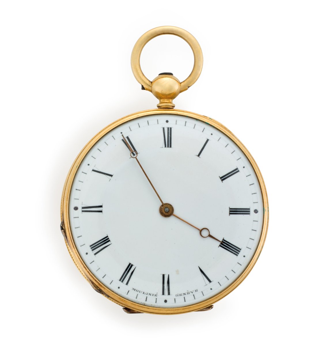 Moulinie fickur med nyckelupplindad cylinder med öppen yta, Geneve, graverad 30 juni 1846 (guld) av Swiss School