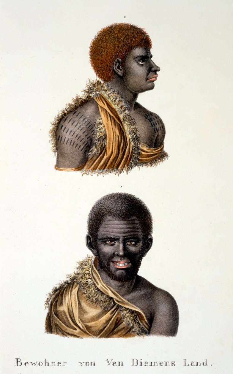 Infödda i Van Diemans Land, dvs. Tasmanien, från Etnologisk studie av olika rastyper från olika kontinenter, av C.I. Brodtmann, 1824 av Swiss School