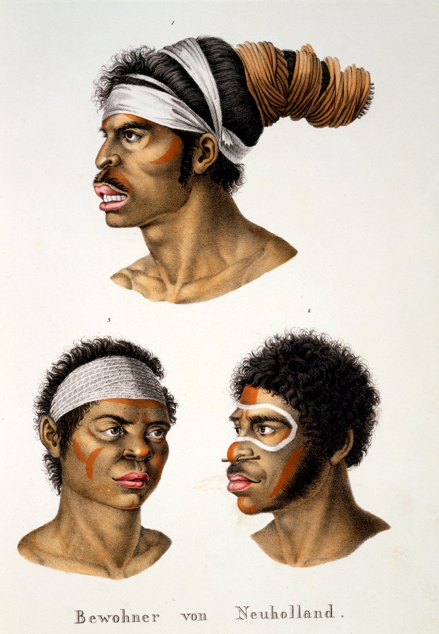 Natives of the New Holland (Australien), från etnologiska studier av olika rastyper från olika kontinenter, av C.I. Brodtmann, 1824 av Swiss School