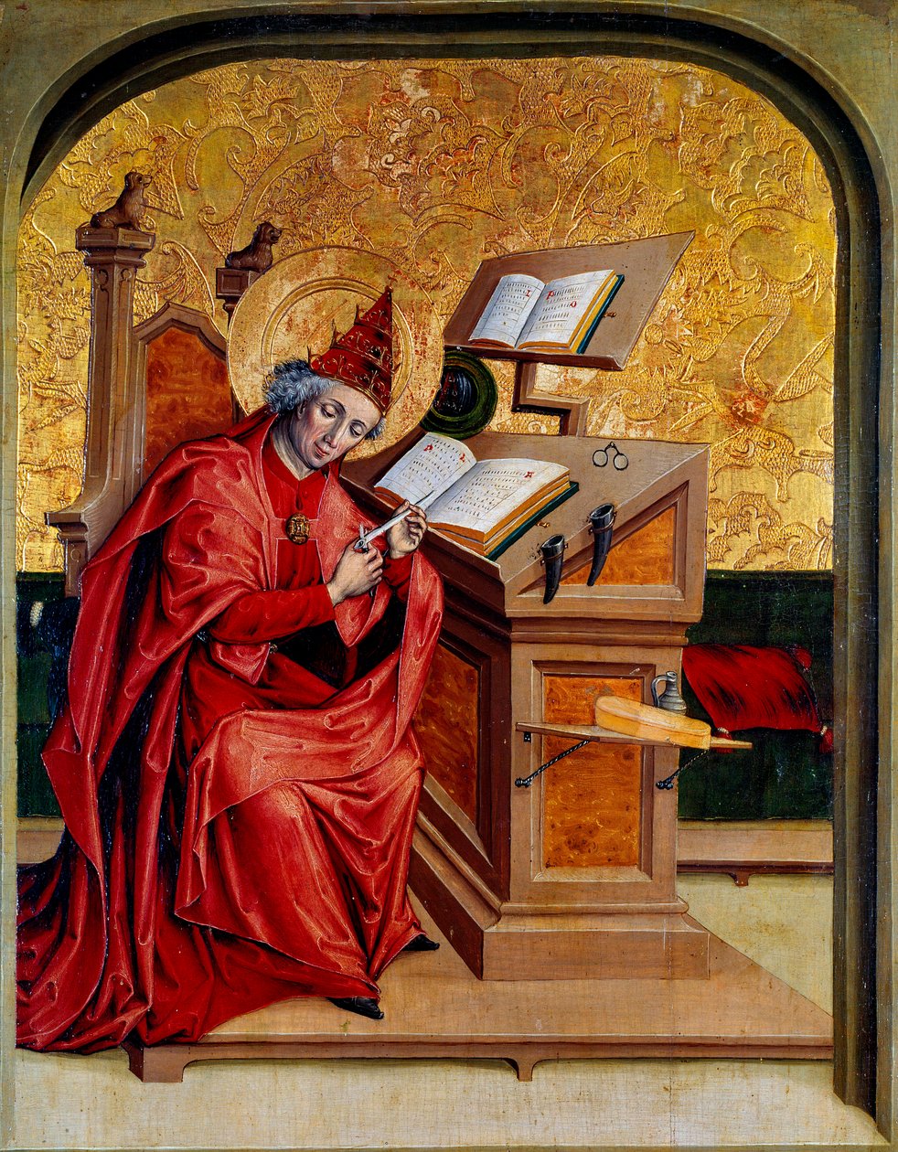 Porträtt av Saint Gregoire den store eller den store (540-604) Påve från 590 till 604 Målning av den schweiziska skolan på 1400-talet Dijon, Museum of Fine Arts av Swiss School