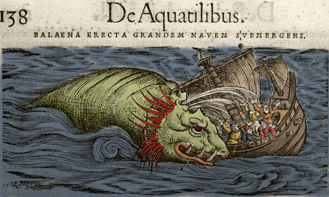 Sjömonster attackerar ett skepp, illustration från "History of Animals" av Conrad Gesner av Swiss School