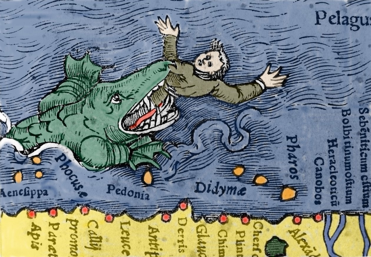 Havsmonster äter en människa, illustration från "Historia Animalium" av Conrad Gesner av Swiss School