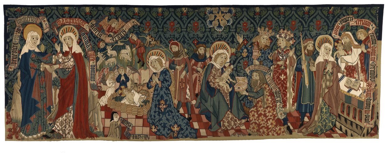 Tapestry dorsal föreställande fyra scener ur Jungfruns liv, från Basel, ca 1450-75 (ull & vita linnetrådar) av Swiss School