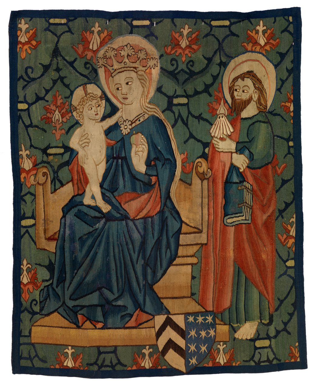 Gobelängfragment föreställande Jungfrun och barnet med St James av Swiss School