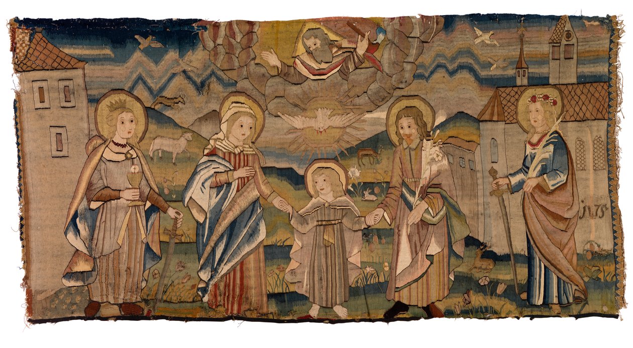 Gobelängpanel som föreställer St Barbara, Jungfru Maria, den heliga treenigheten, St Joseph och St Catharine eller inkarnation med de heliga Barbara och Catherine av Swiss School