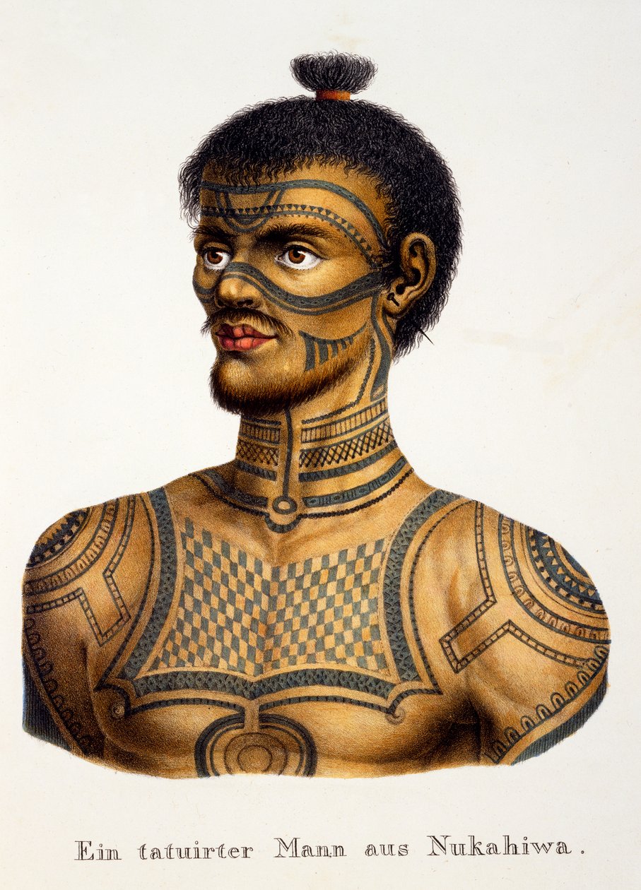 Tatuerad man från Nukahiwa, från Etnologiska studier av olika rastyper från olika kontinenter, av C.I. Brodtmann, utgiven 1824 av Swiss School