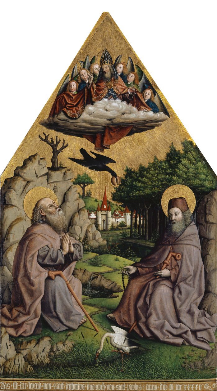 Den mirakuløse fodring af Saint Anthony og Saint Paul Eremiten (blandet medier på træ) swed av Swiss School