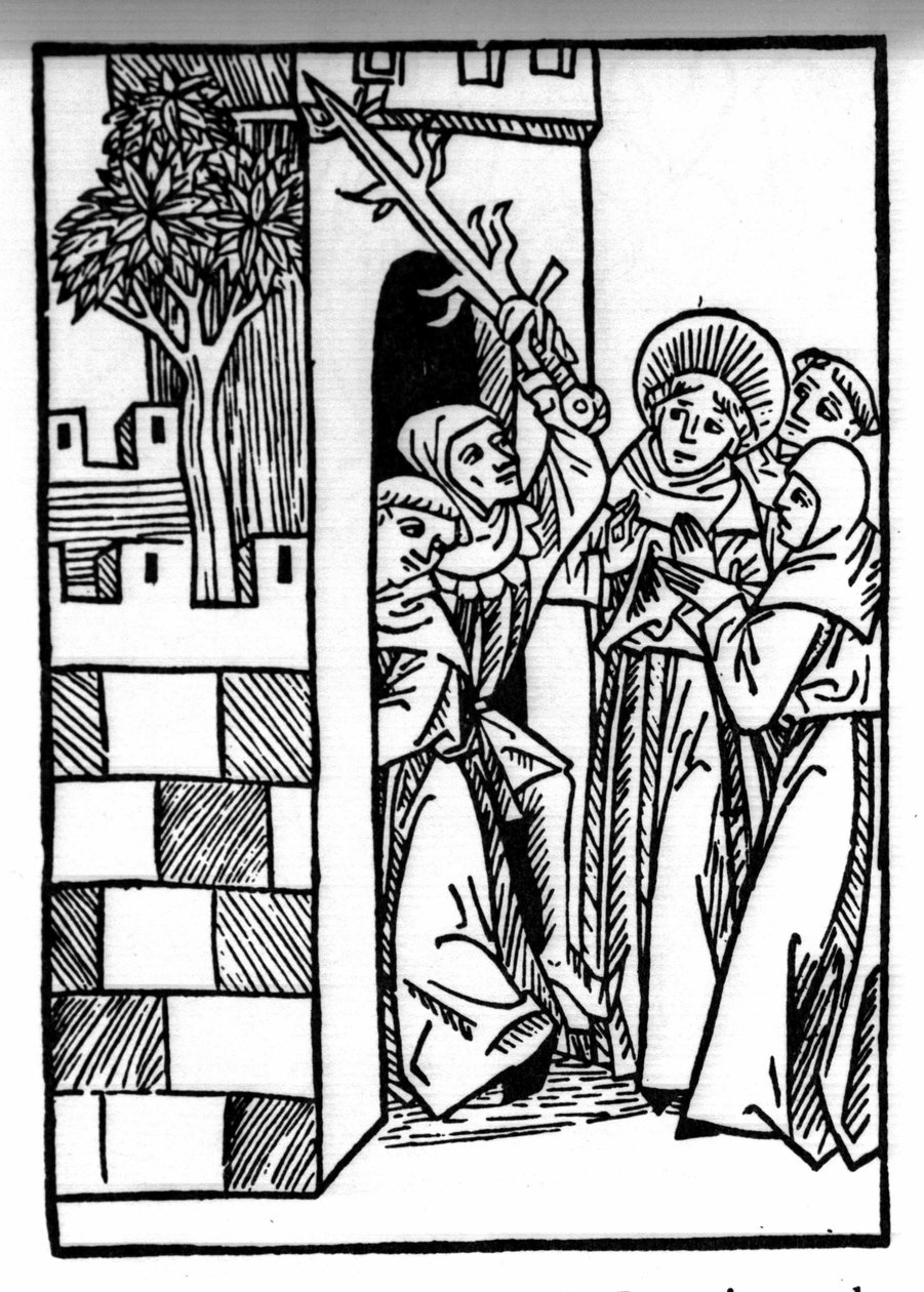 Legenden om Saint Brendan (Brandan), hjältar och irländskt helgon från 600-talet. En av munkarna är fängslad. Gravyr av "" Die Wunderbare Meerfahrt des Hl. Brandan.” Bal av Swiss School
