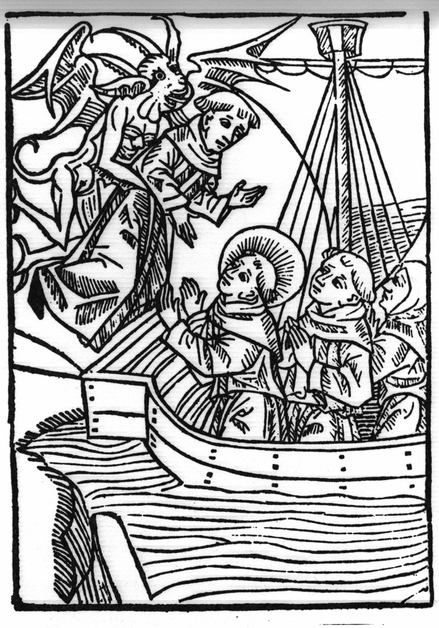 Legenden om Saint Brendan (Brandan), hjältar och irländskt helgon från 600-talet. Sankt Brandans bön räddar den syndige munken. Gravyr av "" Die Wunderbare Meerfahrt des Hl. Brandan.” Bal av Swiss School