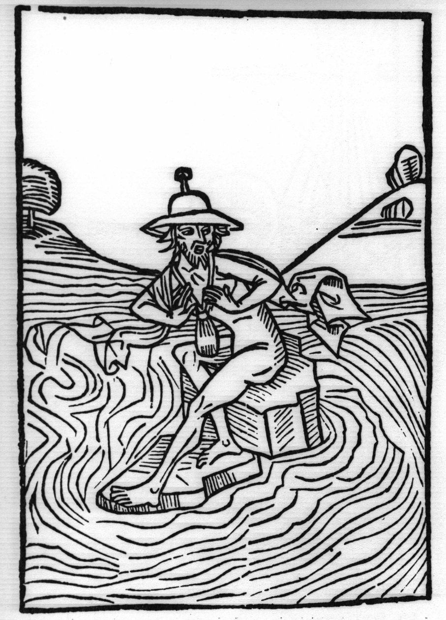 Legenden om Saint Brendan (Brandan), hjältar och irländskt helgon från 600-talet: Mötet med Judas som lider av många plågor. Gravyr av "" Die Wunderbare Meerfahrt des Hl. Brandan.” Bal av Swiss School