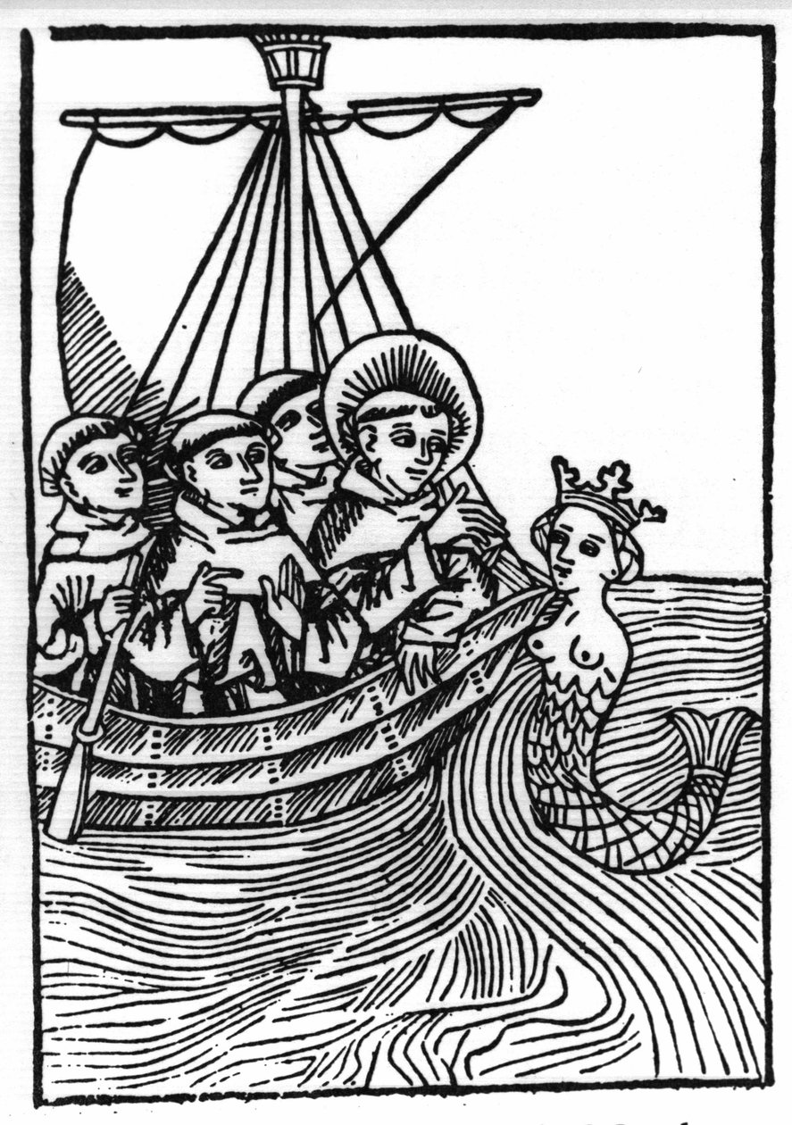 Legenden om Saint Brendan (Brandan), hjältar och irländskt helgon från 600-talet. St Brendans möte med Sirene. Gravyr av "" Die Wunderbare Meerfahrt des Hl. Brandan.” Bal av Swiss School