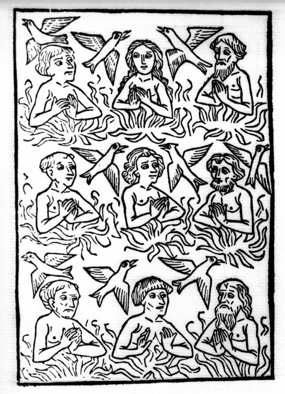Legenden om Saint Brendan (Brandan), hjältar och irländskt helgon från 600-talet: Skärseldens eld och eldfåglarna. Gravyr av "" Die Wunderbare Meerfahrt des Hl. Brandan.” Bal av Swiss School