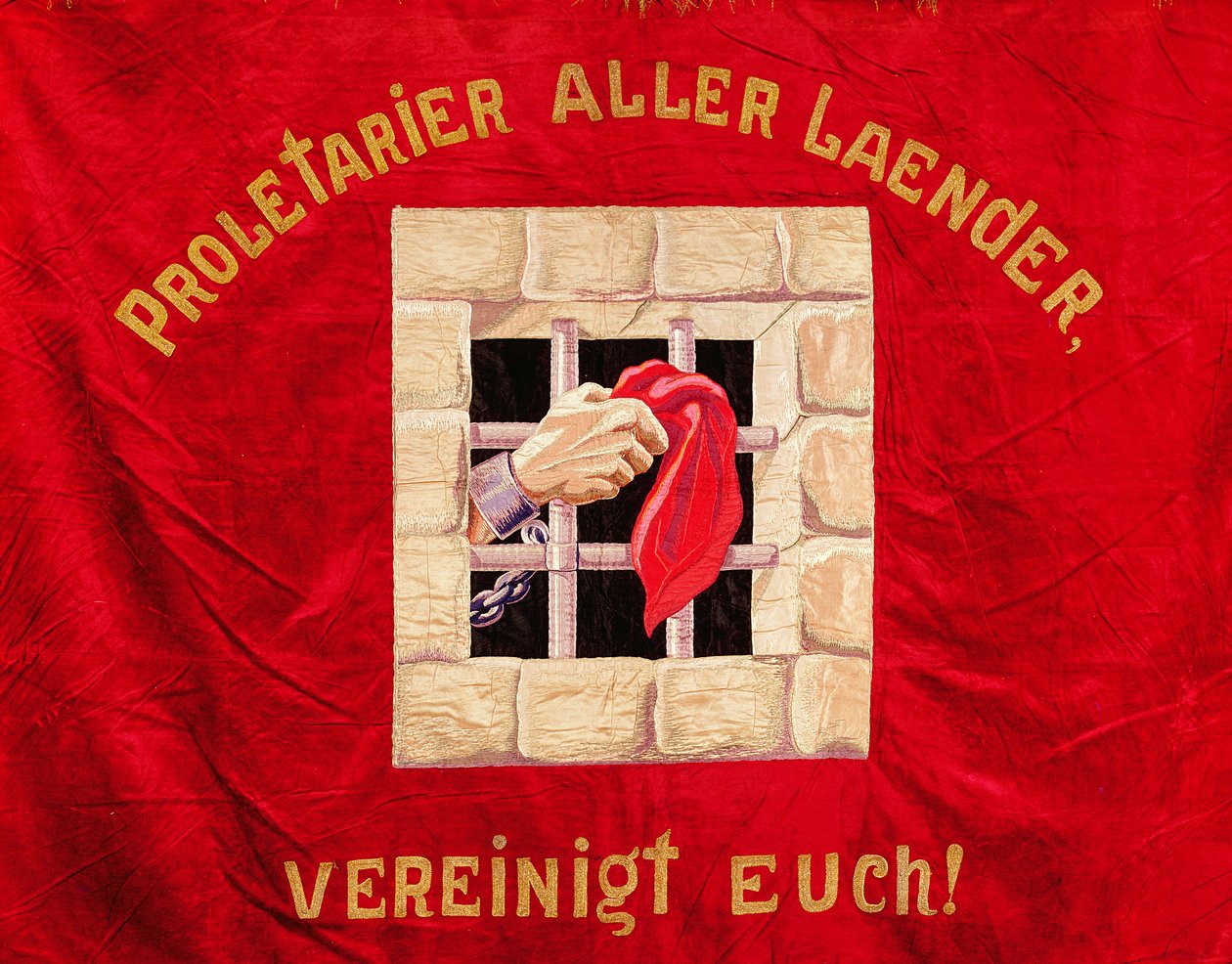 Fackföreningsbanner som uppmanar proletärerna i alla länder att förenas (målat siden) av Swiss School