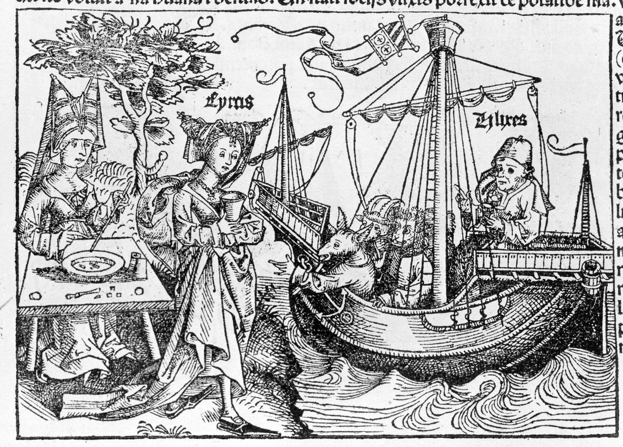 Ulysses och hans följeslagare förvandlade till grisar av magikern Circe - i "" Cosmographia"" av Sebastian Munster, Basel 1558 av Swiss School