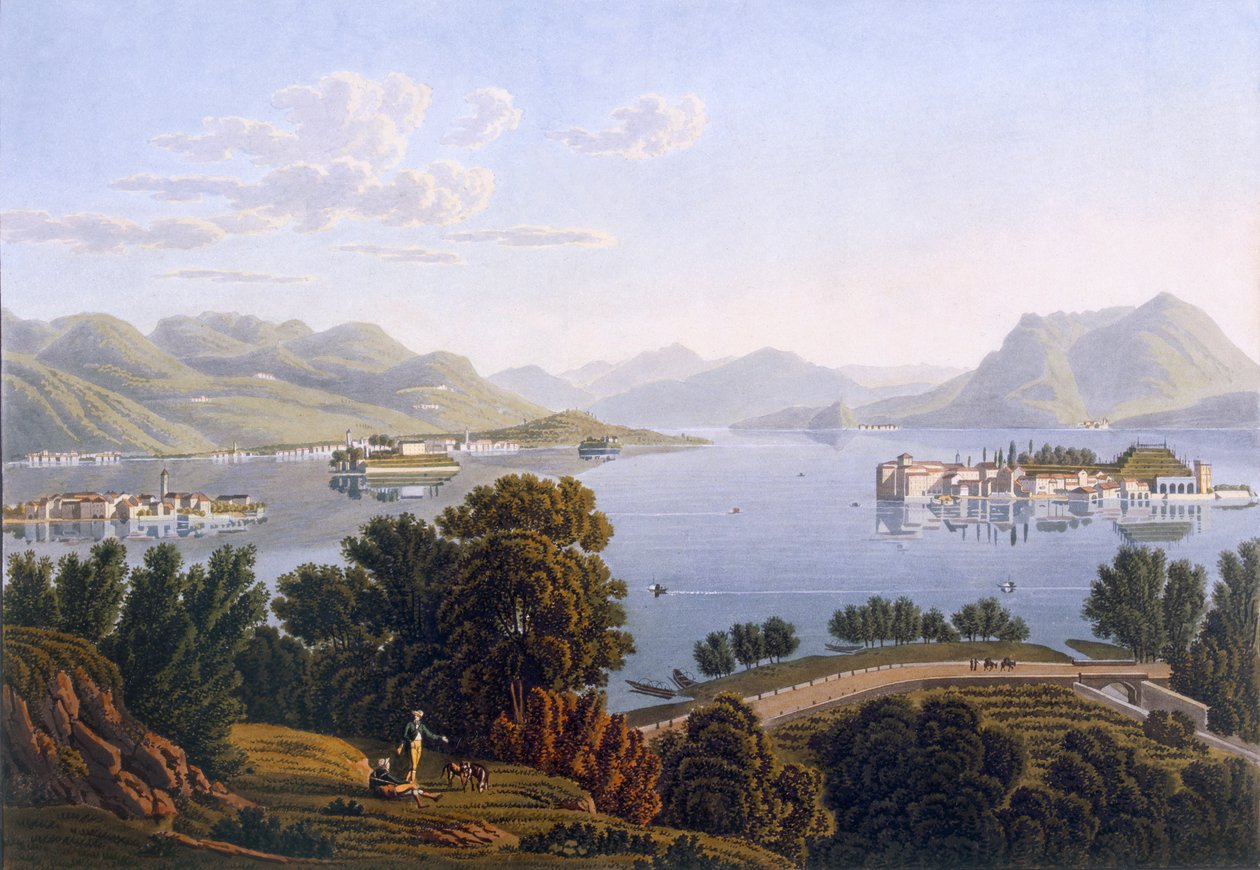 Utsikt över Lago Maggiore och de Borromeiska öarna, 1819. av Swiss School