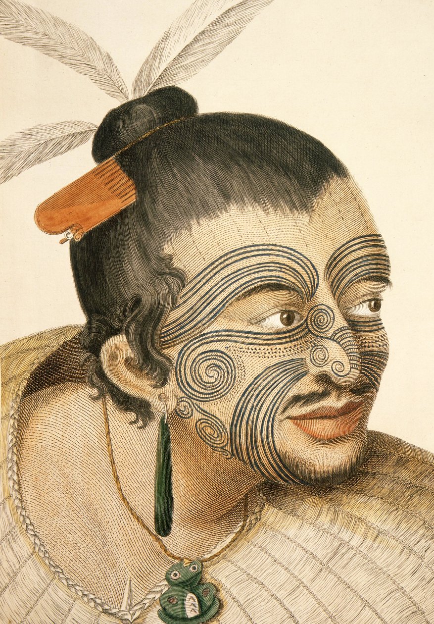 Porträtt av en maorihövding med hel ansiktsbehandling Moko, 1769 av Sydney Parkinson