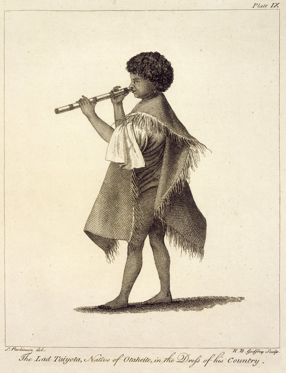 Lad Taiyota, infödd från Otaheite, i sitt lands klädsel, graverad av R.B. Godfrey, platta 9 från "Journal of a Voyage to the South Seas", publicerad av R.B. Godfrey. 1823 av Sydney Parkinson