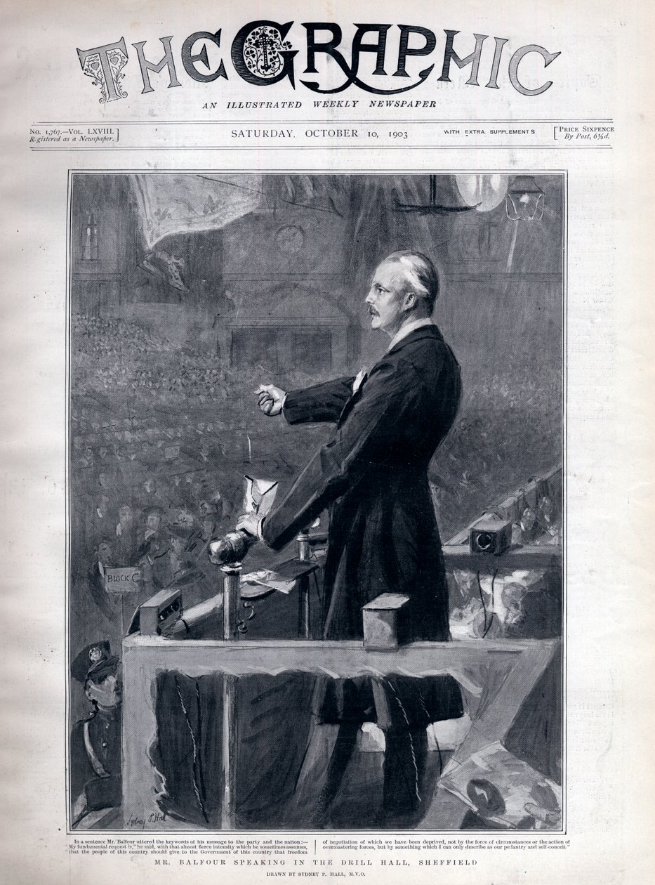 Arthur James Balfour (1848-1930) brittisk politiker och statsman talar i borrhallen, Sheffield. av Sydney Prior Hall