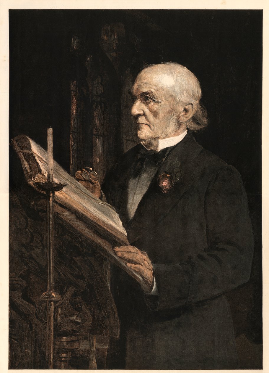 William Ewart Gladstone (1809-1898) engelsk statsman, läser lektionen i Hawarden Church. av Sydney Prior after Hall