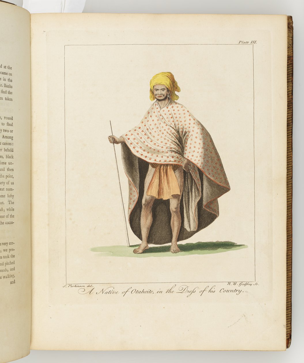A Native of Otaheite, illustration från A journal of a voyage to the South Seas: in His Majestys ship, the Endeavour, 1794 (handkolorerad gravyr) av Sydney