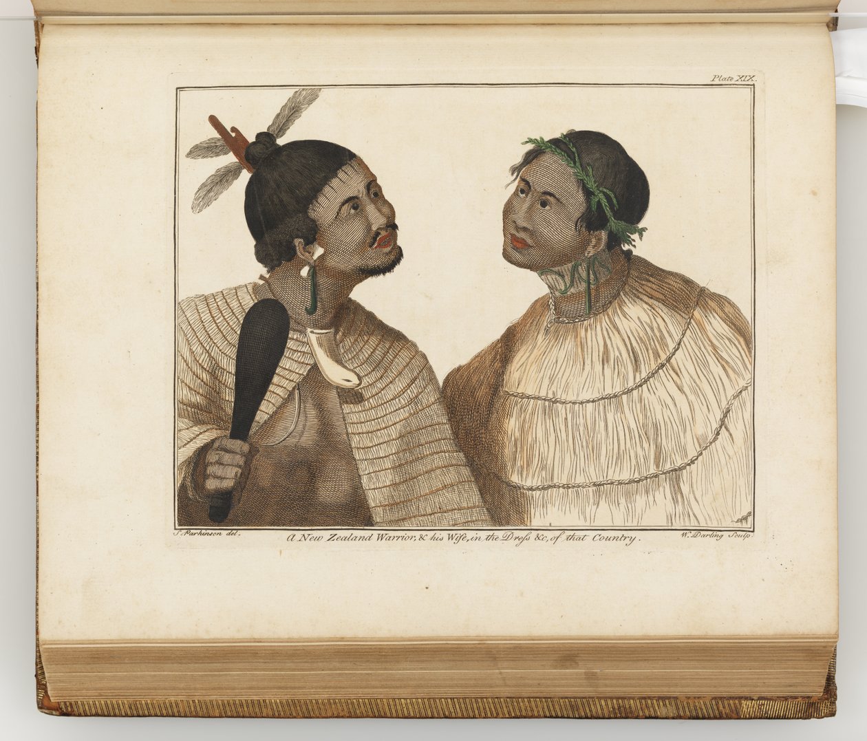 En nyzeeländsk krigare och hans fru, illustration från A journal of a voyage to the South Seas: in His Majestys ship, the Endeavour, 1794 (handfärgad gravyr) av Sydney