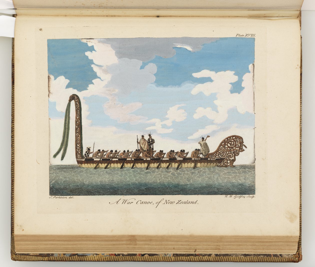 En krigskanot från Nya Zeeland, illustration från A journal of a voyage to the South Seas: in His Majestys ship, the Endeavour, 1794 (handfärgad gravyr) av Sydney