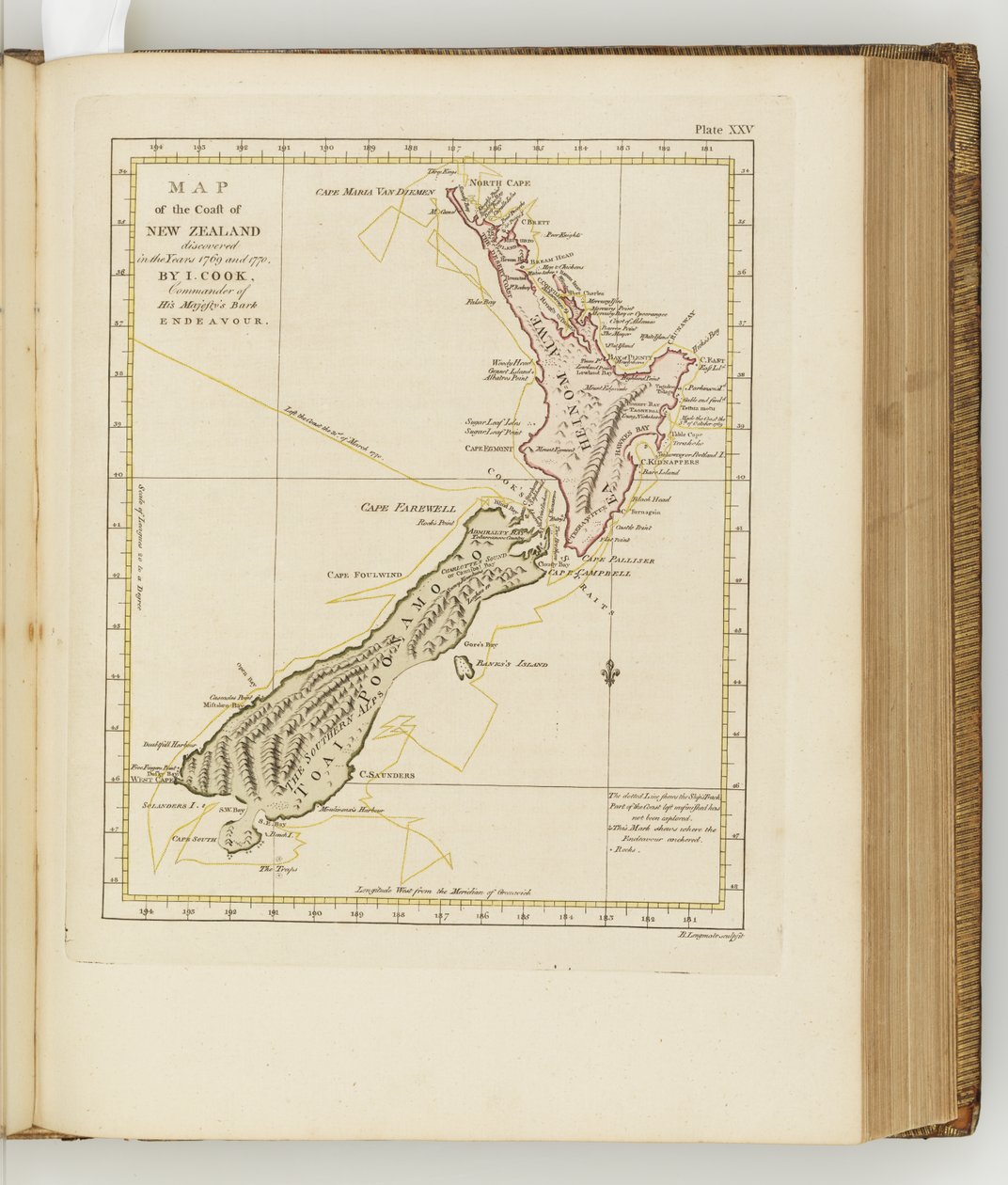 Karta över Nya Zeelands kust, illustration från A journal of a voyage to the South Seas : in His Majestys ship, the Endeavour, 1794 (handfärgad gravyr) av Sydney