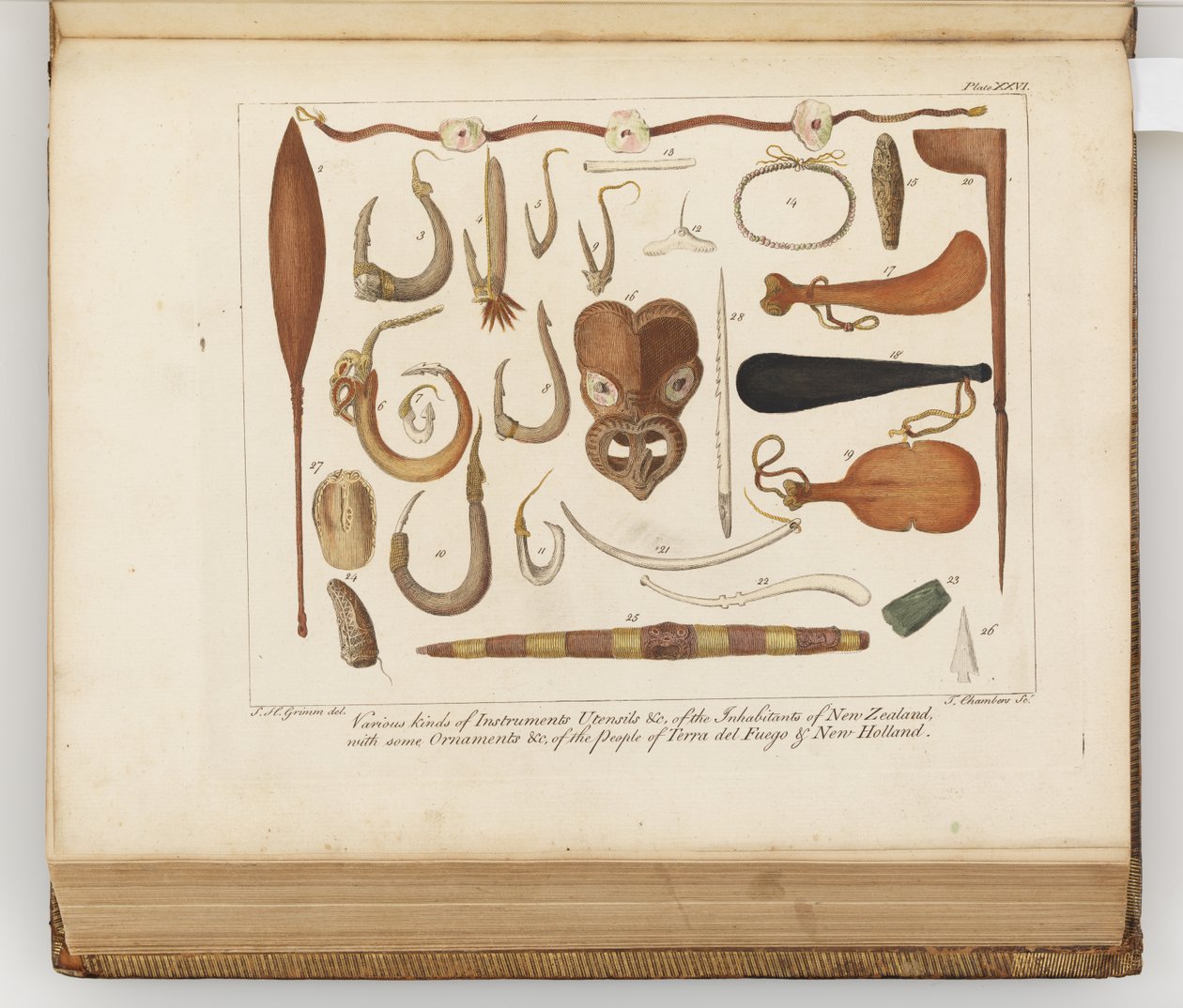 Olika typer av instrument, redskap & c av invånarna i Nya Zeeland, illustration från A journal of a voyage to the South Seas: in His Majestys ship, the Endeavour, 1794 (handkolorerad gravyr av Sydney