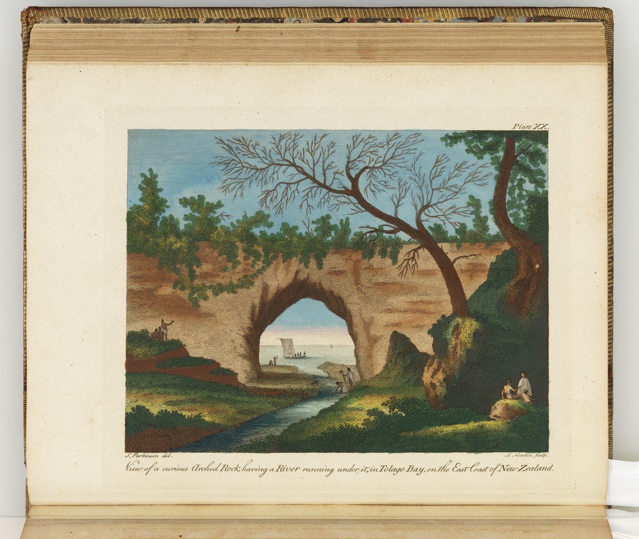 Vy över en nyfiken välvd sten med en flod som rinner under sig, Tolaga Bay, på Nya Zeelands östkust, illustration från A journal of a voyage to the South Seas: in His Majesty