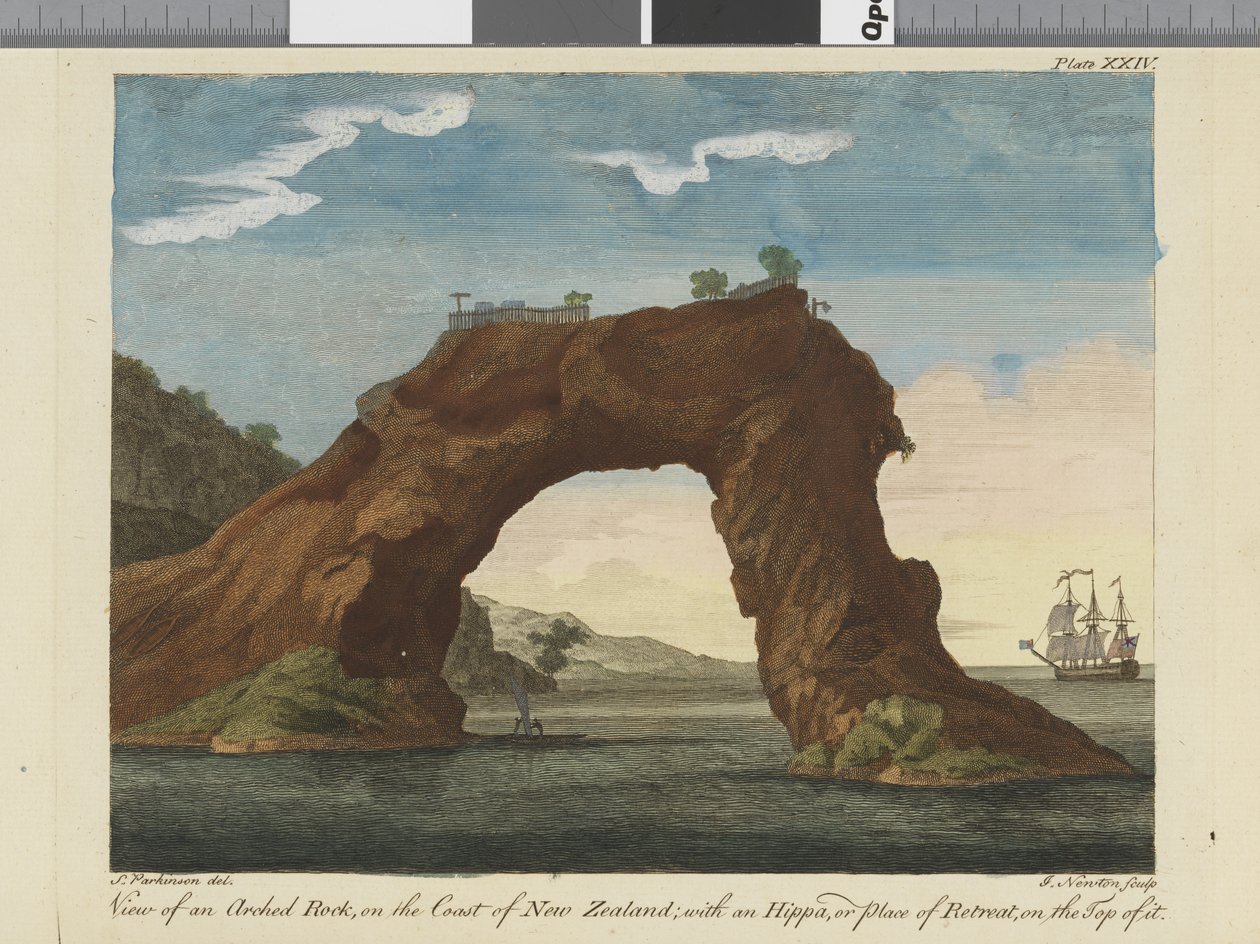 Vy över en välvd sten, illustration från A journal of a voyage to the South Seas: in His Majestys ship, the Endeavour, 1794 (handfärgad gravyr) av Sydney