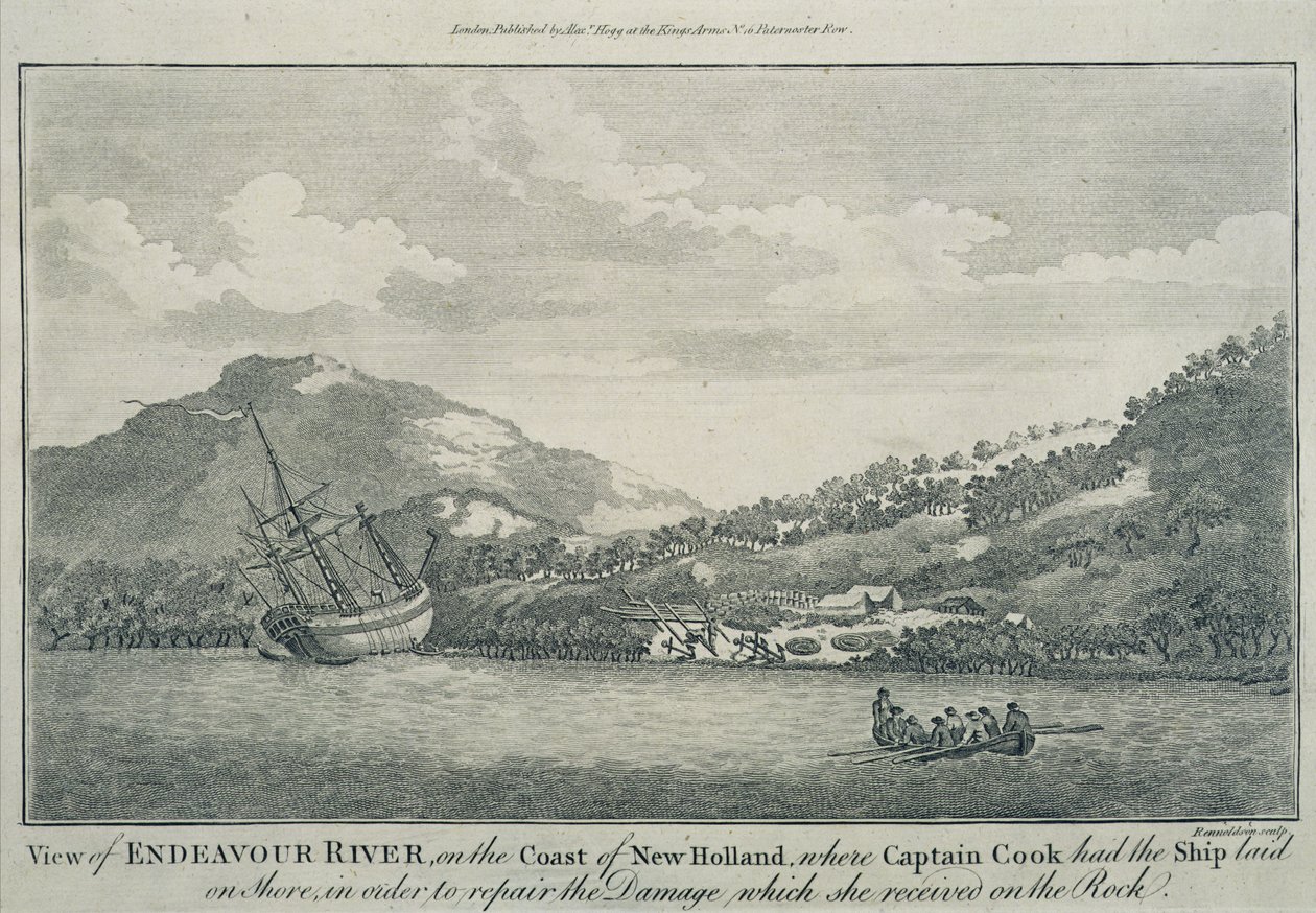 Kapten Cook, efter att ha blivit skeppsbruten på sin resa runt jorden, har Endeavour reparerad i en hamn på en av Hope Islands, ca 1786 (gravyr) av Sydney (after) Parkinson
