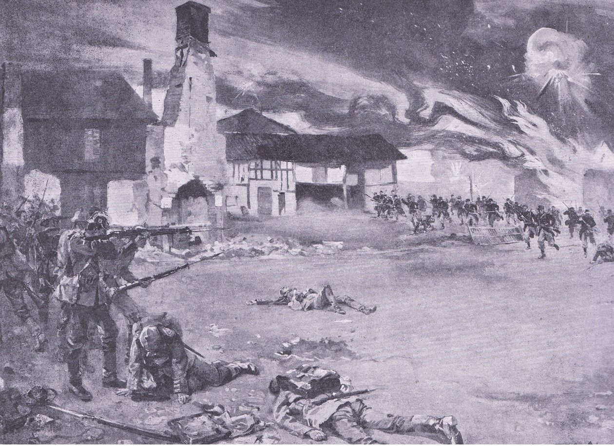 Gatustrider på den fransk-tyska gränsen: En fransk attack mot den preussiska gardet, från History of the Great War Vol 3 publicerad av Waverley Book Co Limited, ca 1920 av Sydney Adamson