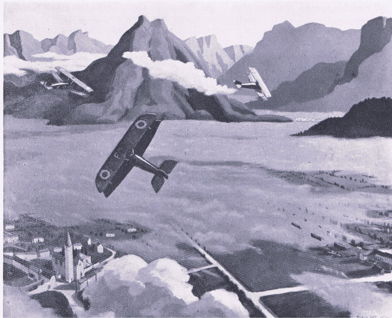 Brittiska scouter som lämnar sin flygplats på patrull över Asiago Plateau, Italien, från British Adventure publicerat av Collins, 1947 av Sydney Carline