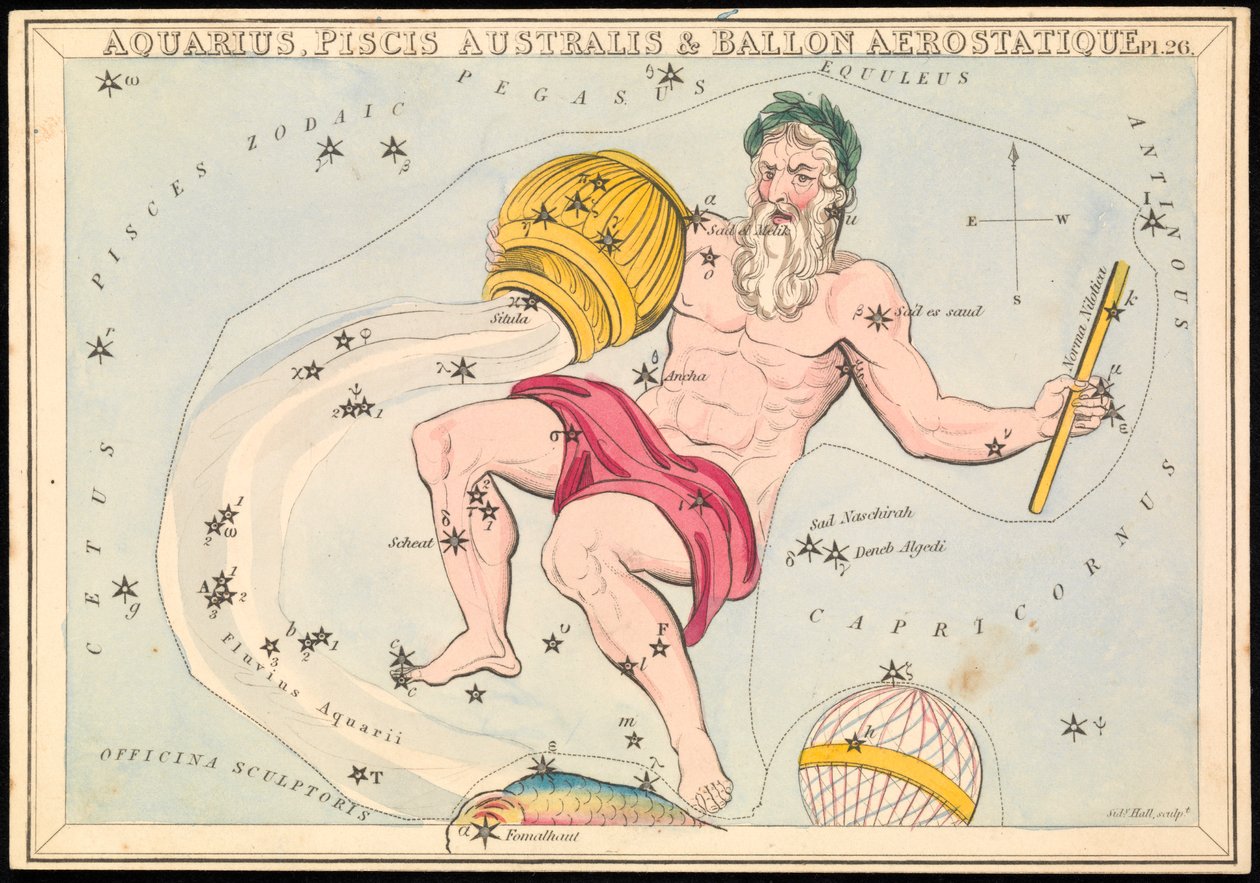 Aquarius, Pisces Australis och Ballon Aerostatique, ca 1825 (kort, papper, silkesväv) av Sydney Hall