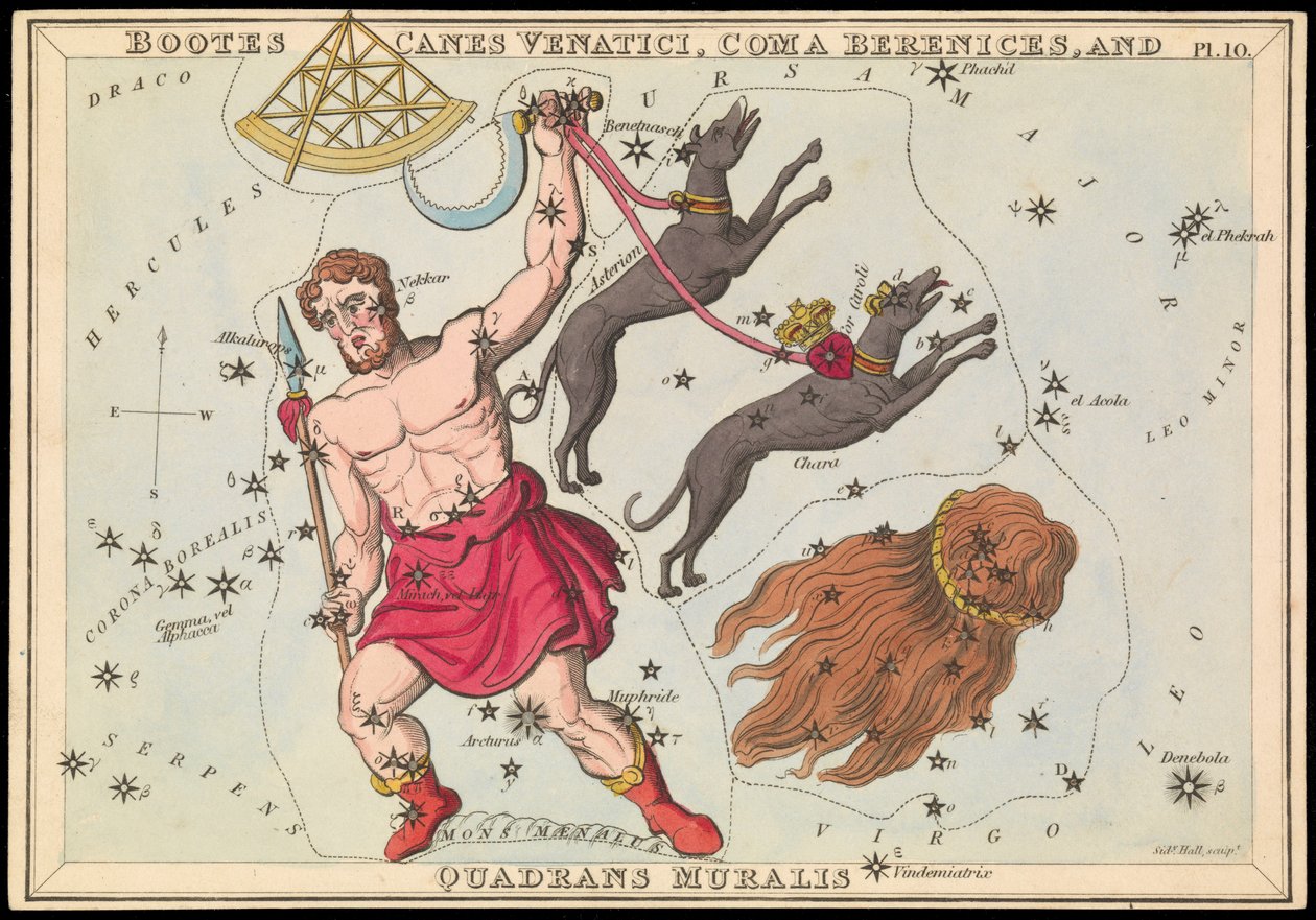 Bootes Canes Venatici, Coma Berenices och Quadrans Muralis, ca 1825 (kort, papper, vävnad) av Sydney Hall