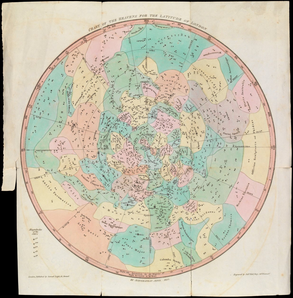 Himmelskarta för Londons latitud, Uranias spegel eller en vy över himlen, ca 1825 (kort, papper, vävnad, gravyr) av Sydney Hall