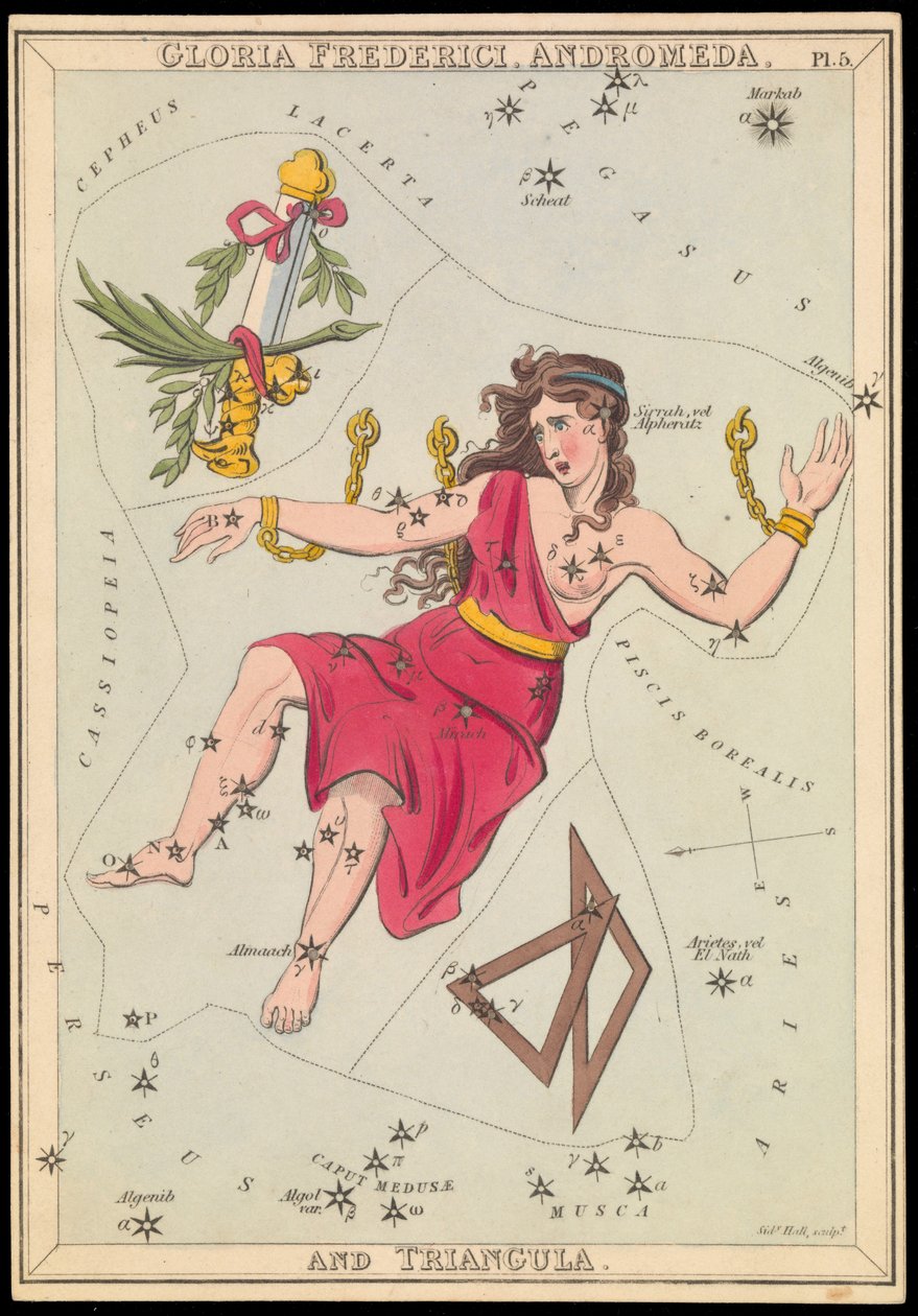 Gloria Frederich, Andromeda och Triangula, ca 1825 (kort, papper, vävnad ) av Sydney Hall