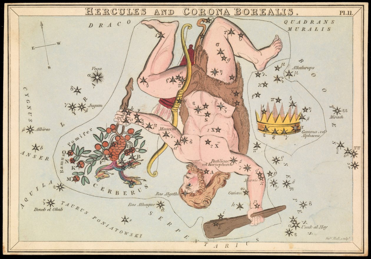 Herkules och Corona Borealis, ca 1825 (kort, papper, vävnad ) av Sydney Hall