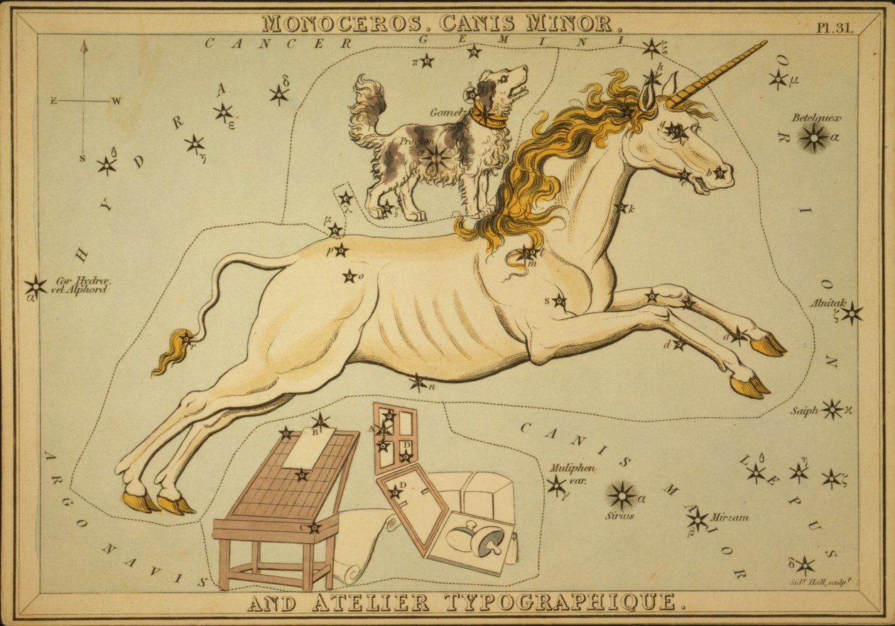 Monoceros, Canis Minor och Atelier Typographique, Illustration från 