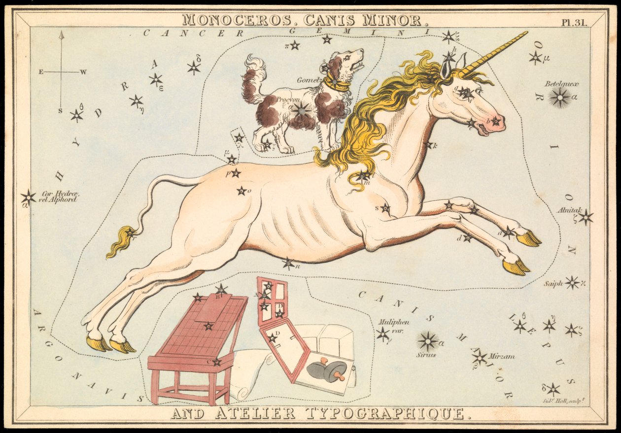 Monoceros, Canis Minor och Atelier Typographique, ca 1825 (kort, papper, silkesvävnad) av Sydney Hall