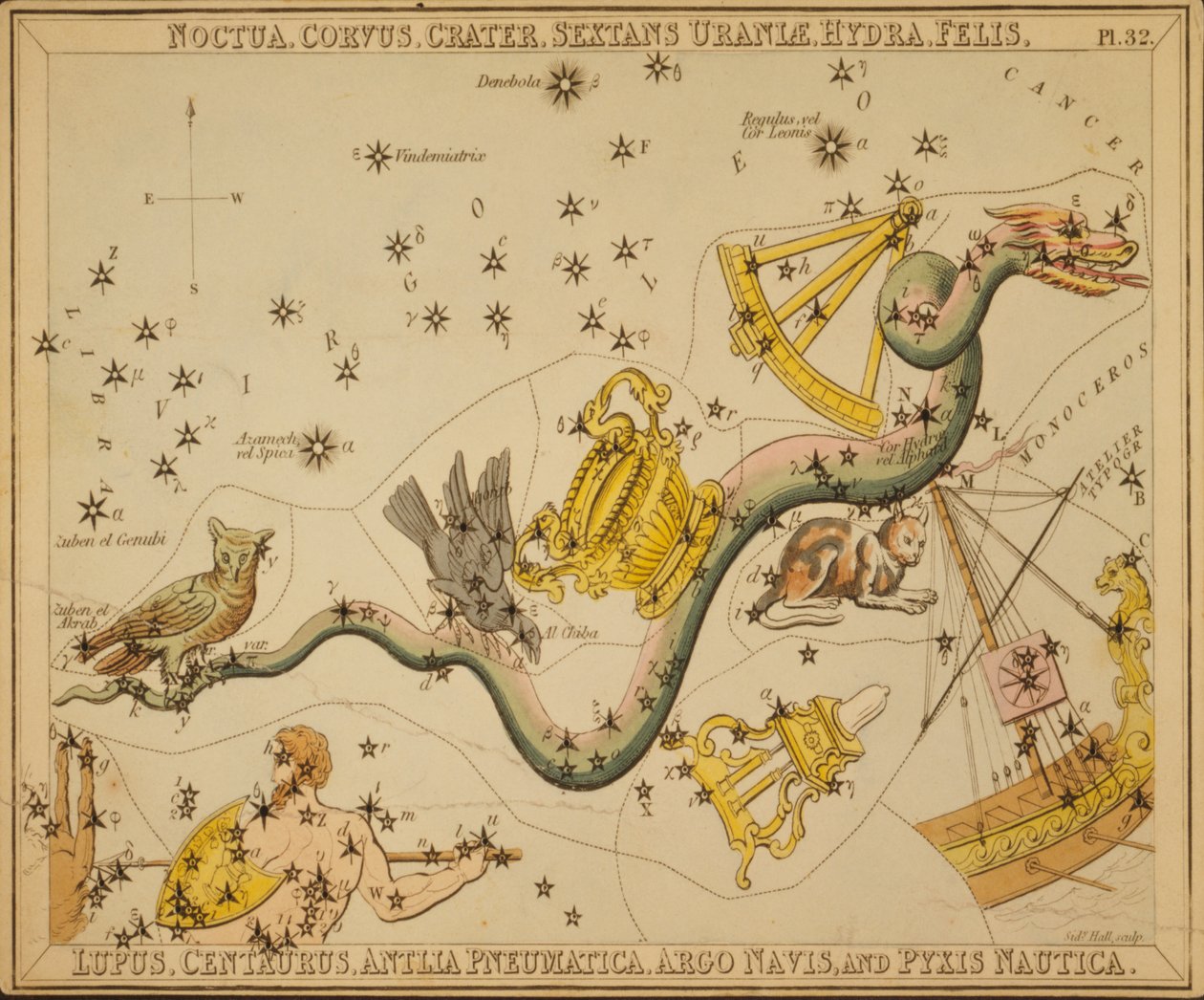 Noctua, Corvus, Crater, Sextans of Urania, Hydra, Felis, Lupus, Centaurus, Antlia Pneumatica, Argo Ship och Pyxis Nautica, Illustration från 