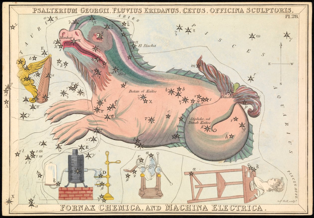 Psalterium Georgii, Fluvius Eridanus, Cetus, Officina Sculptories, Fornax Chemica och Machina Electrica, ca 1825 (kort, papper, vävnad ) av Sydney Hall