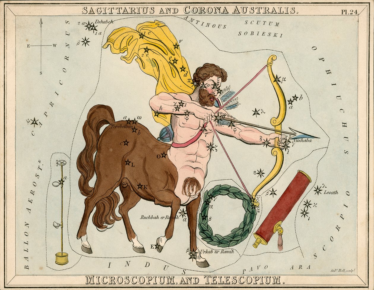 Sagittarius och Corona Australis. Microscopium och Telescopium, ca 1825 (kort, papper, vävnad) av Sydney Hall