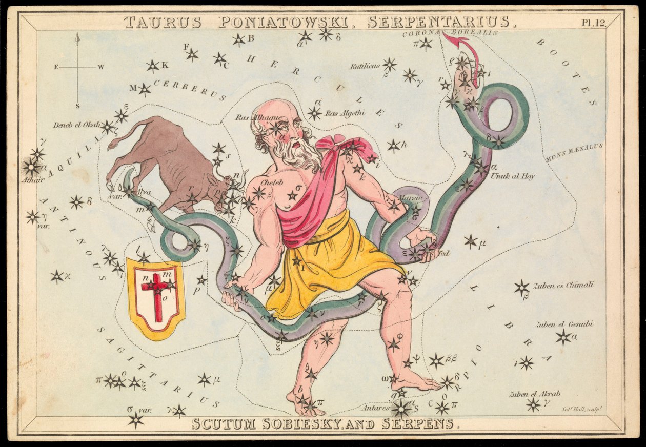 Taurus Poniatowski, Serpentarius, Scutum Sobiesky och Serpens, ca 1825 (kort, papper, vävnad) av Sydney Hall